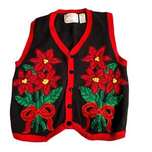 Vintage Eagles Eye Collectibles Holiday Knit Vest L/G Black & Red Poinsettia Des